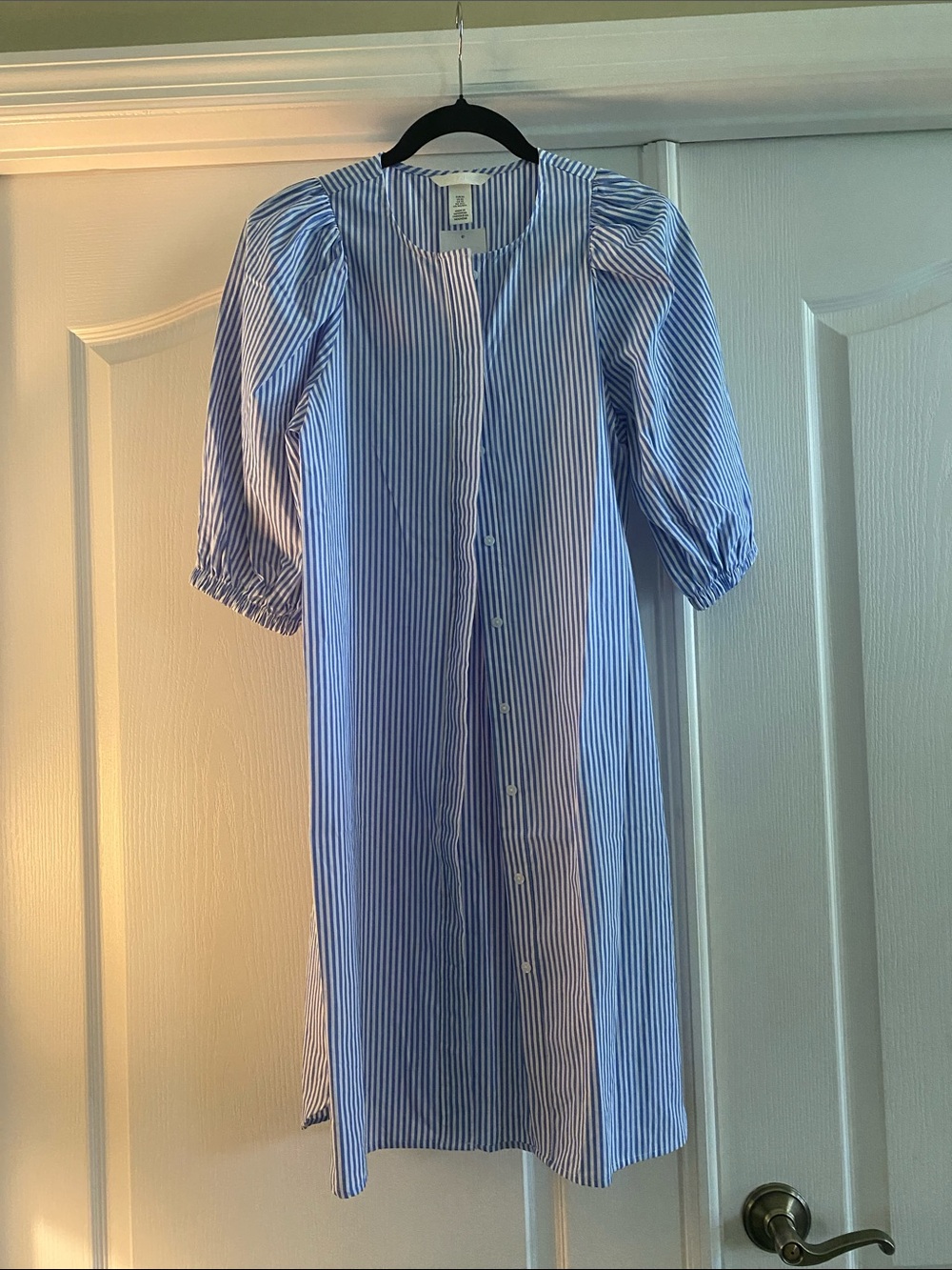 H&M Blue & White Striped Button-Front Midi Dress with Puff Sleeves